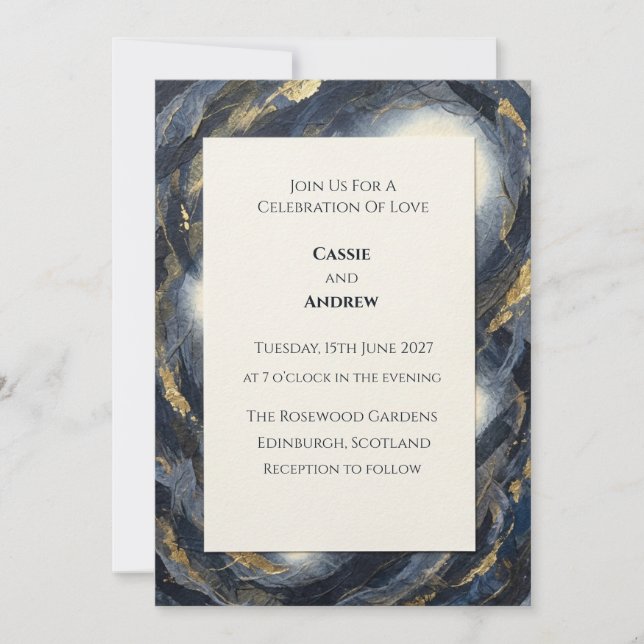 Navy Gold Agate Marble Abstract Wedding Invitation (Front)