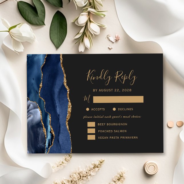 Navy Gold Agate Meal Options Dark Wedding RSVP (Creator Uploaded)