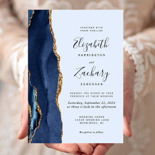 Navy Gold Agate Pale Blue Wedding Invitation