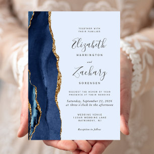 Navy Gold Agate Pale Blue Wedding Invitation