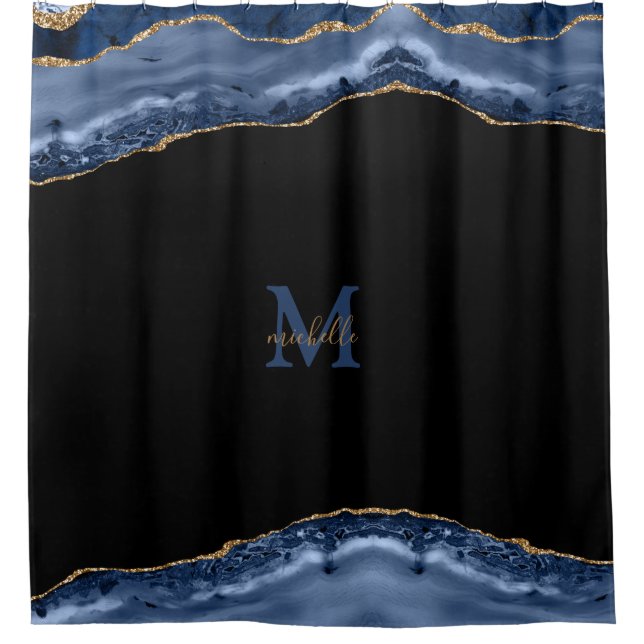 Navy & Gold Agate Personalized Monogram Shower Curtain (Front)