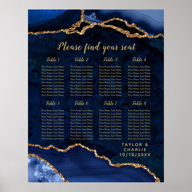 Navy Gold Agate Wedding Seating Chart 8 Table (Front)