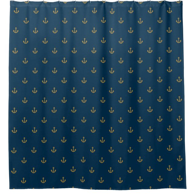 Navy Gold Anchor Pattern Shower Curtain (Front)