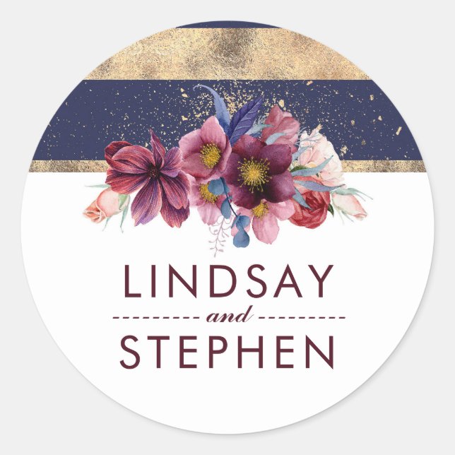Navy Gold and Burgundy Floral Elegant Wedding Classic Round Sticker (Front)