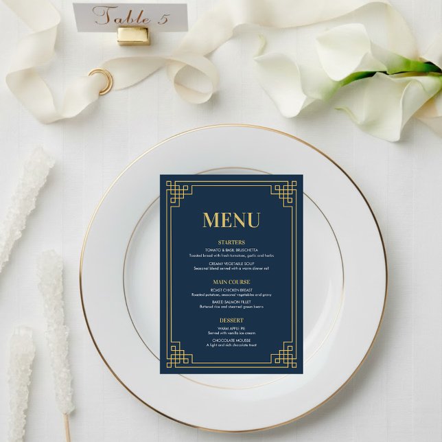 Navy Gold Art Deco 80th Birthday Dinner Party Menu (Creator Uploaded)