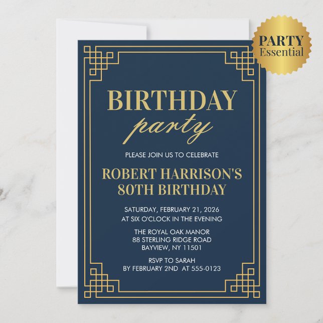 Navy Gold Art Deco 80th Birthday Party Invitation (Creator Uploaded)