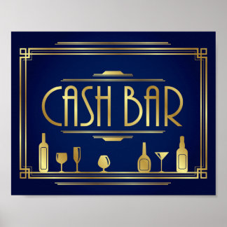 Navy Gold Art Deco CASH BAR Sign Print