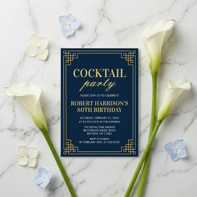 Navy Gold Art Deco Cocktail Party 80th Birthday Invitation (Creator Uploaded)
