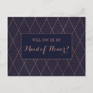 Navy Gold Art Deco Custom Maid of Honour Proposal Invitation Postcard