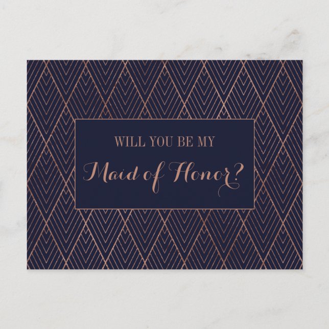 Navy Gold Art Deco Custom Maid of Honour Proposal Invitation Postcard (Front)