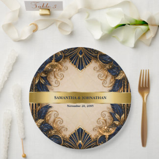 Navy gold art deco gatsby wedding dinner paper plate