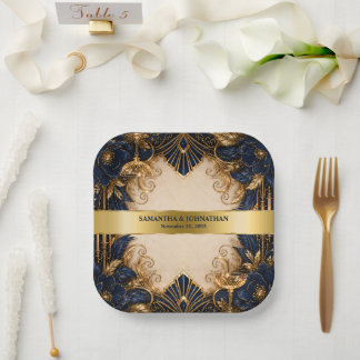 Navy gold art deco gatsby wedding dinner square paper plate