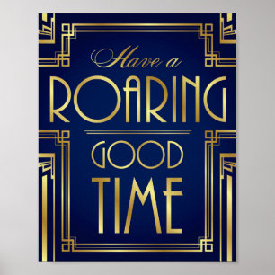 Navy Gold Art Deco HAVE A ROARING GOOD TIME Print