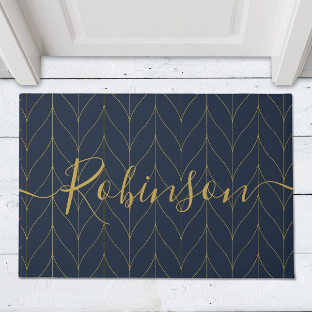 Navy Gold Art Deco Leaf Personalized Family Name Doormat (Creator Uploaded)