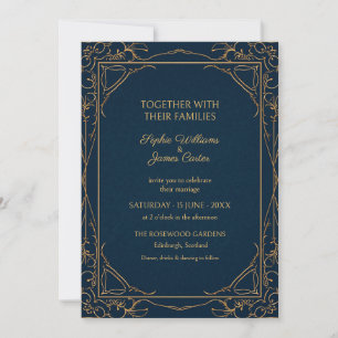 Navy Gold Art Nouveau Wedding Invitation