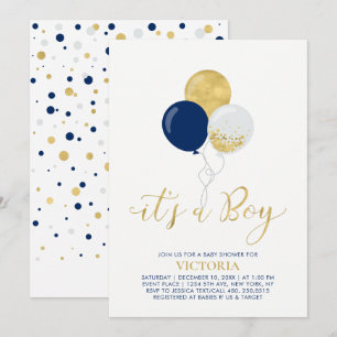 Navy & Gold Balloons It's a Boy Baby Shower Invitation