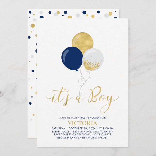 Navy & Gold Balloons | It's a Boy Baby Shower Invitation (Front/Back)