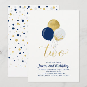 Navy & Gold Balloons Two 2nd Boy Birthday Invitation