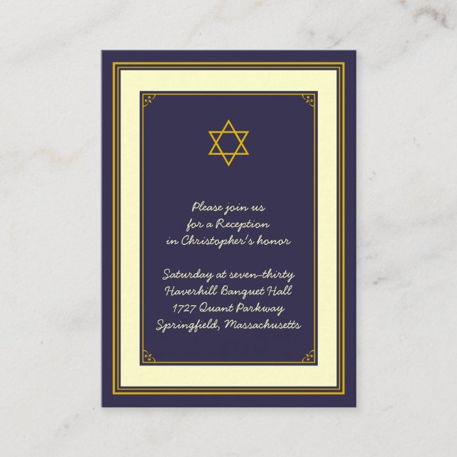 Navy & Gold Bar Mitzvah Reception Card (Front)