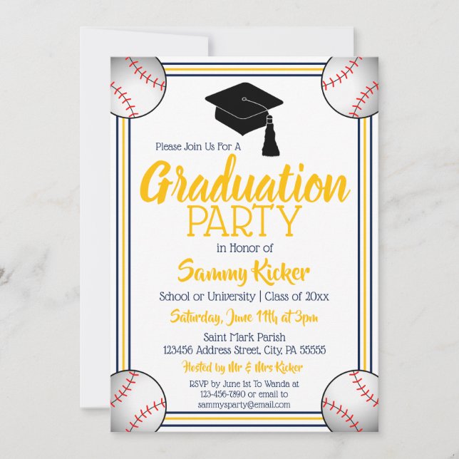 Navy & Gold Baseball Graduation Party Invitation (Front)