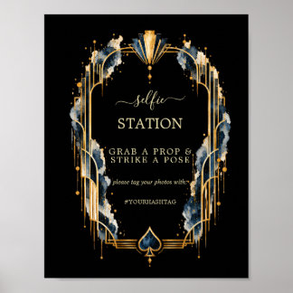 Navy Gold Black Gatsby Casino Wedding Hashtag Poster
