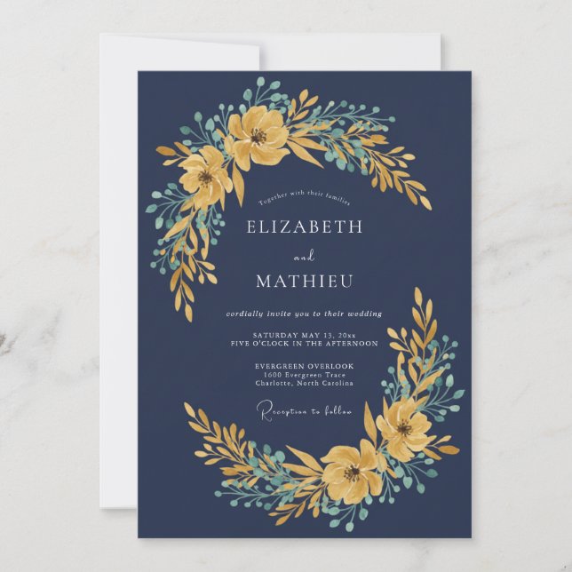 Navy Gold Blossom Wedding Invitation (Front)