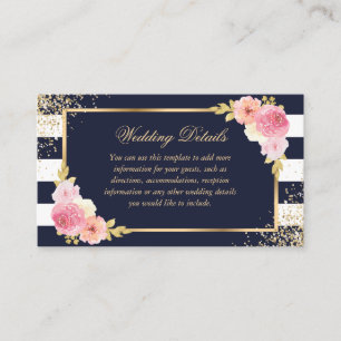 Navy Gold Blush Pink Floral Wedding Details Card