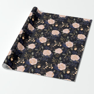 Navy, Gold & Blush Pink Hand Drawn Rose Floral Wrapping Paper