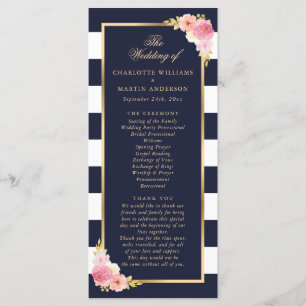 Navy Gold Blush Pink Watercolor Floral Wedding Programme