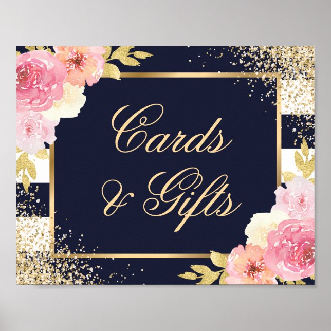 Navy Gold Blush Pink Wedding Cards and Gifts Sign (Front)
