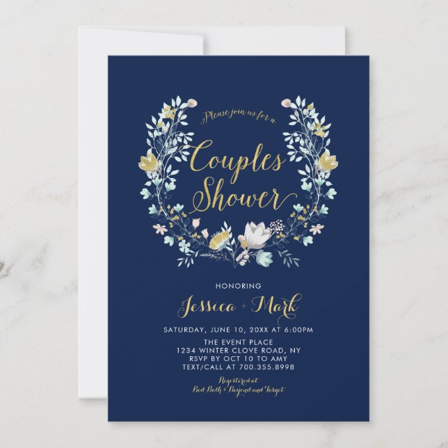 Navy & Gold Boho Floral Couples Wedding Shower Inv Invitation (Front)