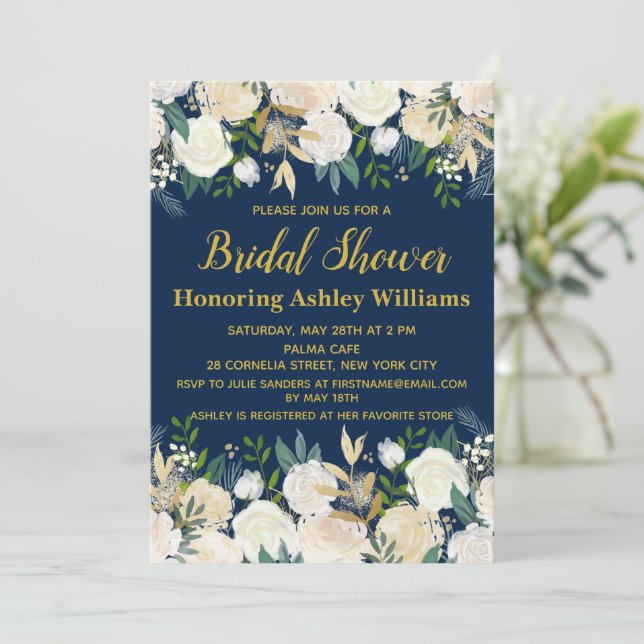 Navy Gold Boho Greenery Bridal Shower Invitations (Standing Front)