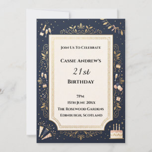 Navy Gold Botanical Milestone Birthday Invitation