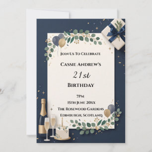 Navy Gold Botanical Milestone Birthday Invitation