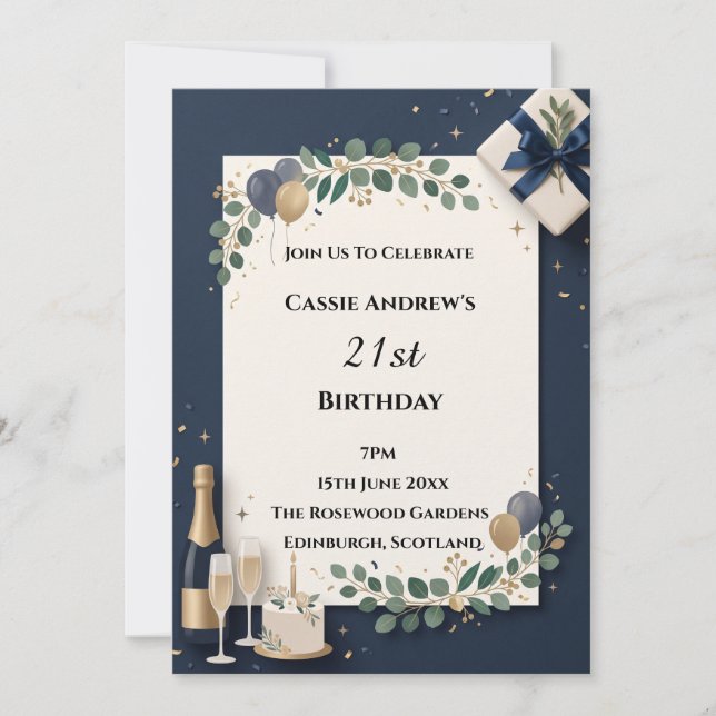 Navy Gold Botanical Milestone Birthday Invitation (Front)