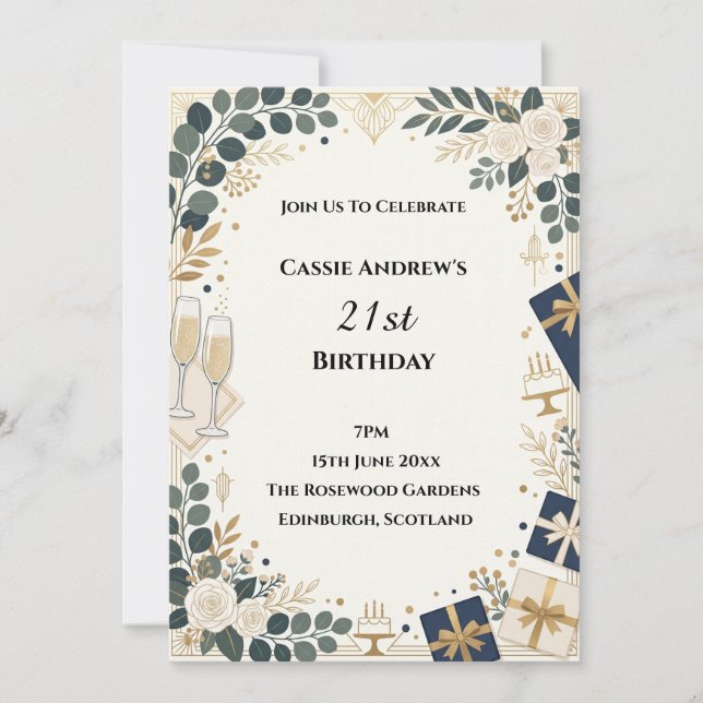 Navy Gold Botanical Milestone Birthday Invitation (Front)