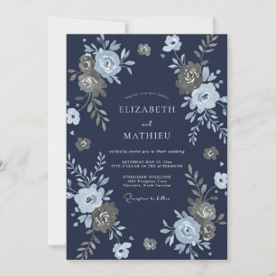 Navy Gold Botanical Watercolor Wedding Invitation