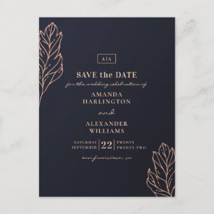 Navy gold botanical wedding. Blue Save the Date Postcard