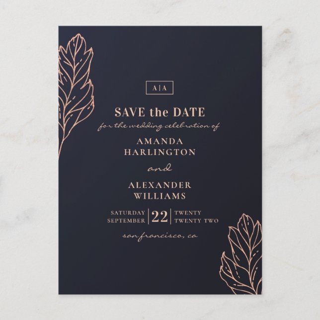 Navy gold botanical wedding. Blue Save the Date Postcard (Front)