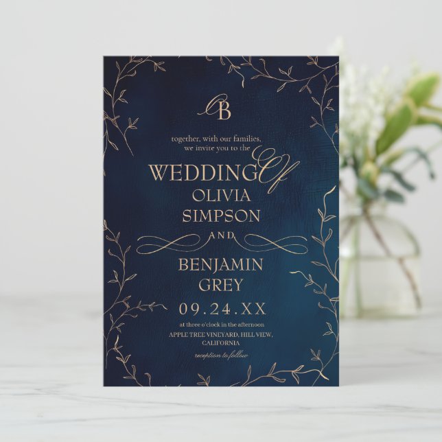 Navy Gold Botanical Wedding Invitation (Standing Front)
