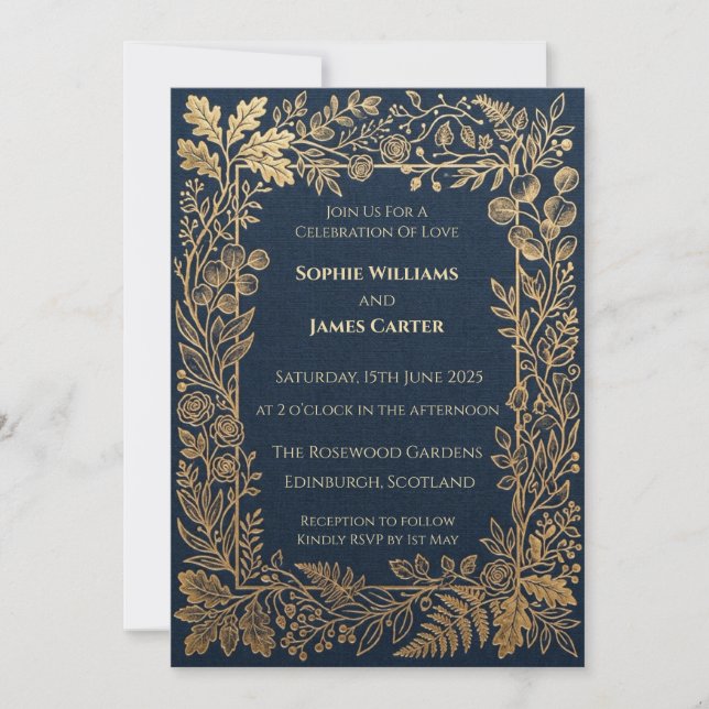 Navy Gold Botanical Wedding Invitation (Front)