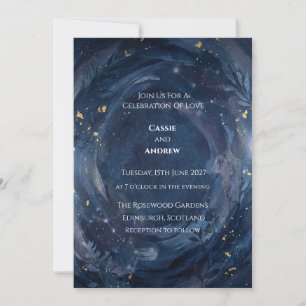 Navy Gold Botanical Wreath Wedding Invitation