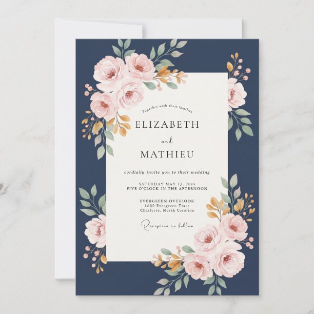 Navy Gold Bouquet Eucalyptus Wedding Invitation (Front)