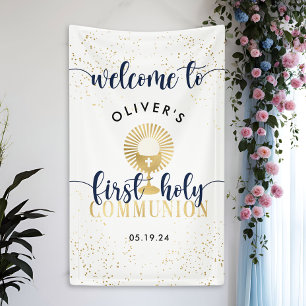 Navy & Gold Boy First Holy Communion Welcome Banner