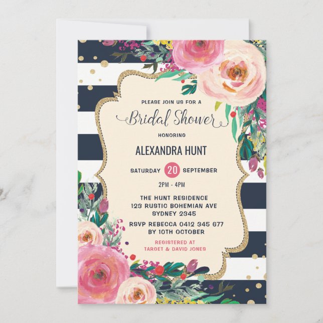 Navy Gold Bridal Shower Invitation Rustic Floral (Front)