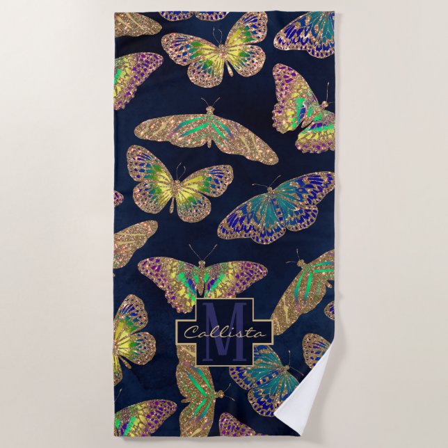 Navy Gold Butterflies Glitter Watercolor Monogram Beach Towel (Front)