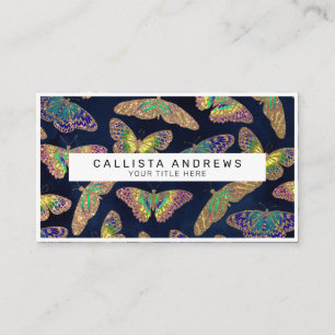 Navy Gold Butterflies Glitter Watercolor Monogram Business Card