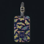 Navy Gold Butterflies Glitter Watercolor Monogram Luggage Tag<br><div class="desc">This artsy and modern pattern is perfect for the stylish and trendy woman. It features a hand-painted blue, neon green, yellow, teal green, and purple watercolor butterfly pattern with faux printed sparkly gold glitter outlines on top of a dark navy blue watercolor background. It's elegant, pretty, chic, artistic, and cute....</div>
