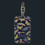 Navy Gold Butterflies Glitter Watercolor Monogram Luggage Tag<br><div class="desc">This artsy and modern pattern is perfect for the stylish and trendy woman. It features a hand-painted blue, neon green, yellow, teal green, and purple watercolor butterfly pattern with faux printed sparkly gold glitter outlines on top of a dark navy blue watercolor background. It's elegant, pretty, chic, artistic, and cute....</div>