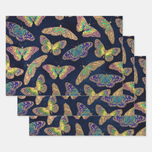 Navy Gold Butterflies Glitter Watercolor Pattern Wrapping Paper Sheet